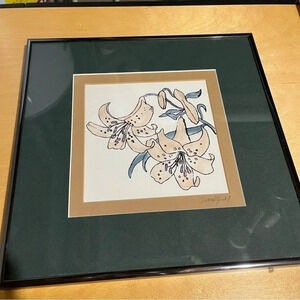 Floral fabric art Signed by Diane Tunkel Organic Abstract Vintage Lily 13”x13”